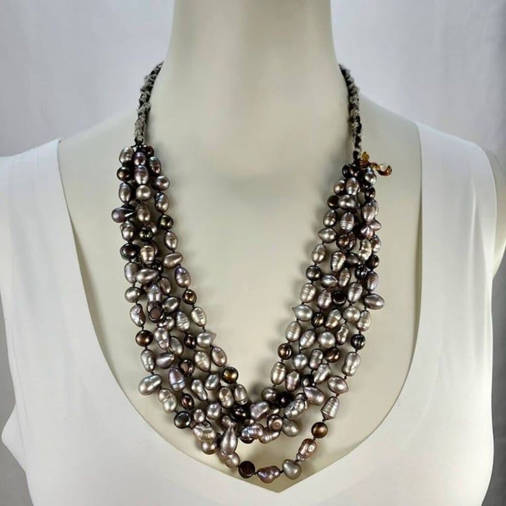 Baroque Hand Knotted Multi Strand Freshwater Pearls Brown Grey Luster